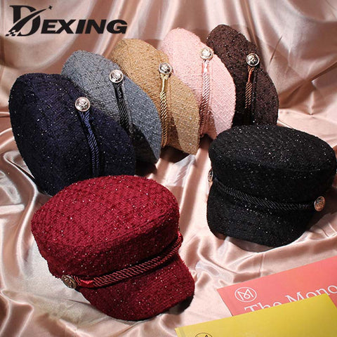 Autumn Thread fashion Tweed Military Hat For Women Fashion Yacht Captain  Female skipper sailor Hat Newsboy Caps
