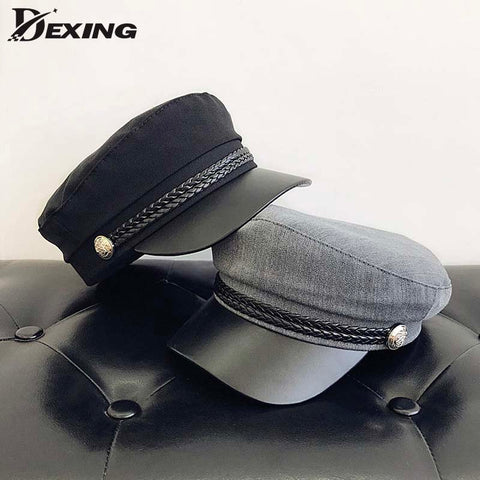Fashion PU Leather Military Hat Autumn Winter Wool Sailor Hat For Women Men Black  flat top  Female travel cadet hat Captain Cap