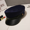 Fashion PU Leather Military Hat Autumn Winter Wool Sailor Hat For Women Men Black  flat top  Female travel cadet hat Captain Cap