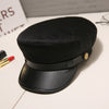 Fashion PU Leather Military Hat Autumn Winter Wool Sailor Hat For Women Men Black  flat top  Female travel cadet hat Captain Cap