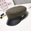Fashion PU Leather Military Hat Autumn Winter Wool Sailor Hat For Women Men Black  flat top  Female travel cadet hat Captain Cap