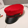 Fashion PU Leather Military Hat Autumn Winter Wool Sailor Hat For Women Men Black  flat top  Female travel cadet hat Captain Cap