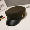 Fashion PU Leather Military Hat Autumn Winter Wool Sailor Hat For Women Men Black  flat top  Female travel cadet hat Captain Cap