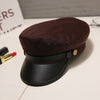 Fashion PU Leather Military Hat Autumn Winter Wool Sailor Hat For Women Men Black  flat top  Female travel cadet hat Captain Cap