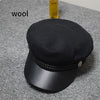 Fashion PU Leather Military Hat Autumn Winter Wool Sailor Hat For Women Men Black  flat top  Female travel cadet hat Captain Cap