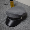 Fashion PU Leather Military Hat Autumn Winter Wool Sailor Hat For Women Men Black  flat top  Female travel cadet hat Captain Cap