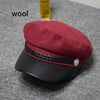 Fashion PU Leather Military Hat Autumn Winter Wool Sailor Hat For Women Men Black  flat top  Female travel cadet hat Captain Cap