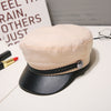 Fashion PU Leather Military Hat Autumn Winter Wool Sailor Hat For Women Men Black  flat top  Female travel cadet hat Captain Cap