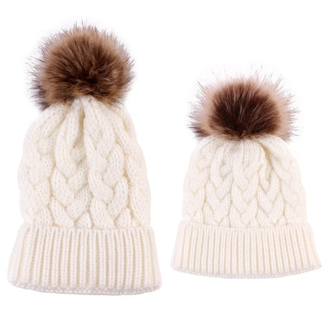 2Pcs Mom Baby Fur Pompom Hats Warm Winter Crochet Knit Wool Solid Color Beanie Caps For Women Boys Girls Matching Hats
