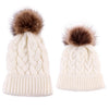 2Pcs Mom Baby Fur Pompom Hats Warm Winter Crochet Knit Wool Solid Color Beanie Caps For Women Boys Girls Matching Hats