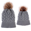 2Pcs Mom Baby Fur Pompom Hats Warm Winter Crochet Knit Wool Solid Color Beanie Caps For Women Boys Girls Matching Hats