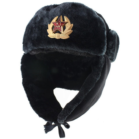 Soviet Army Military Badge Russia Ushanka Bomber Hats Pilot Trapper trooper Hat Winter Faux Rabbit Fur Earflap Men Snow Caps